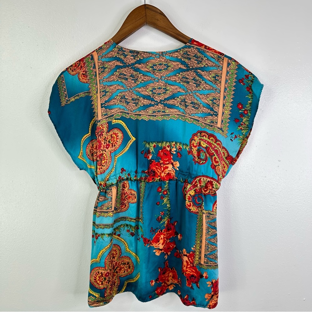 Single Mixed Print Silk Cardigan Blouse Teal‎ Size S - Picture 5 of 5